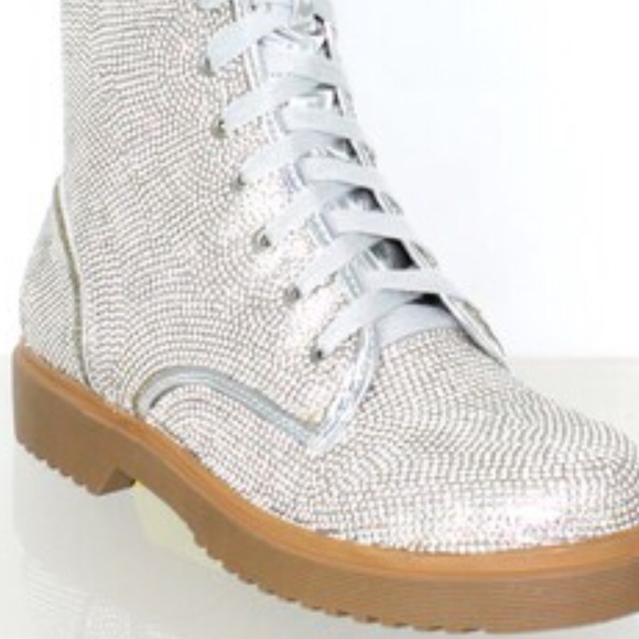 Pazzle BETSY Combat Silver Rhinestone Embellished Lace-up Tall Metallic Boot - Picture 6 of 10